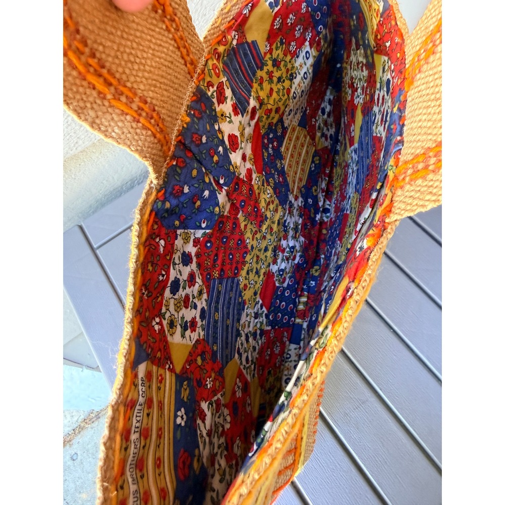 Vintage Burlap Embroidered Tote Bag Patchwork Floral Lining Boho 1970s - BN - Picture 8 of 10